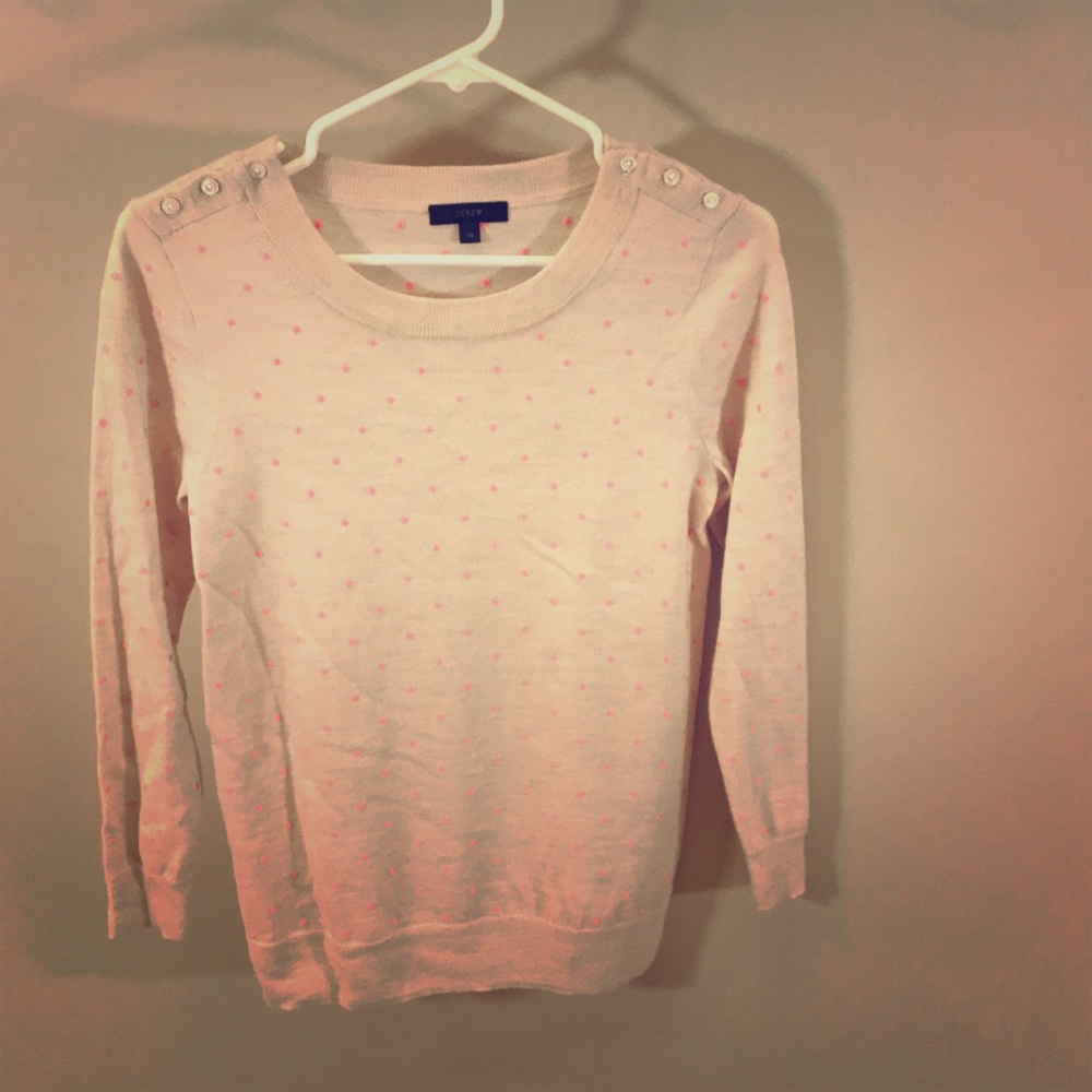 J Crew light beige sweater with pink polka dots